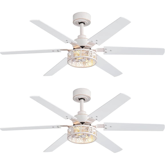 2 Pack 46-Inch Farmhouse Ceiling Fans with Lights and Remote, 5 Reversible Blades, 6-Speed Quiet DC Motor, Industrial Caged Fandelier Ceiling Fan for Bedroom Living Room, Distressed White and Gold