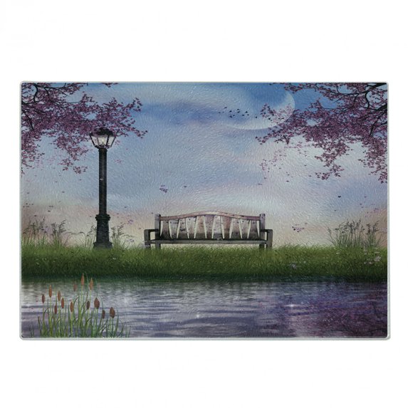 Nature Cutting Board, Bench on Flowing River with Crescent Moon Lavender Trees and Grass Illustration, Decorative Tempered Glass Cutting and Serving Board, Small Size, Multicolor, by Ambesonne