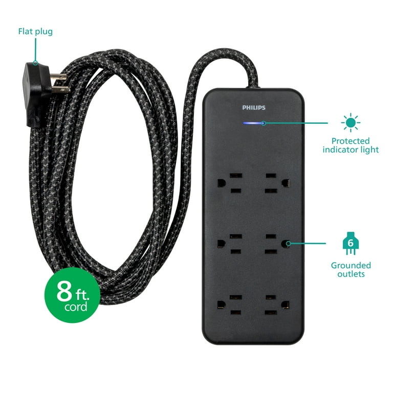 Philips 6-Outlet Surge Protector 8ft Braided Black - Walmart.com