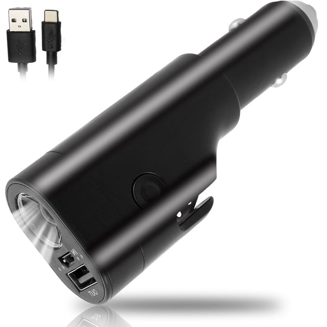 USB Car Charger with Emergency Escape Tool 6-In-1 Emergency Car Charger Adapter w/2200mAh Battery Window Breaker Safety Belt Cutter Flashlight Red Emergency Beacons for Car Camping