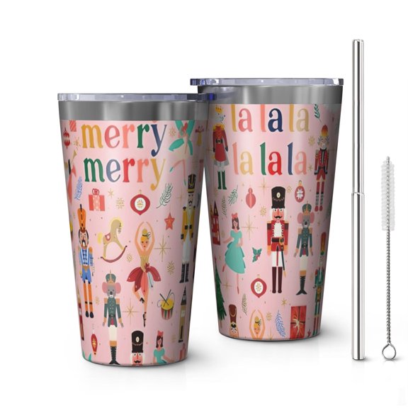 16oz Tumblers Pink Christmas Nutcracker Pattern Stainless Steel Vacuum Insulated Double Wall Travel Tumbler Cups Mug with Lid and Straw,Cleaning Brush for Coffee,Tea