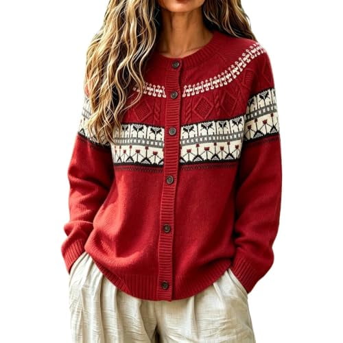 Garbnen Fair Isle Cardigan Sweaters for Women Vintage Long Sleeve Open Front Lightweight Cardigans for Women Crew Neck Button Up Dressy Fall Winter Outwear Wine Cardigan for Women Knit Coat M