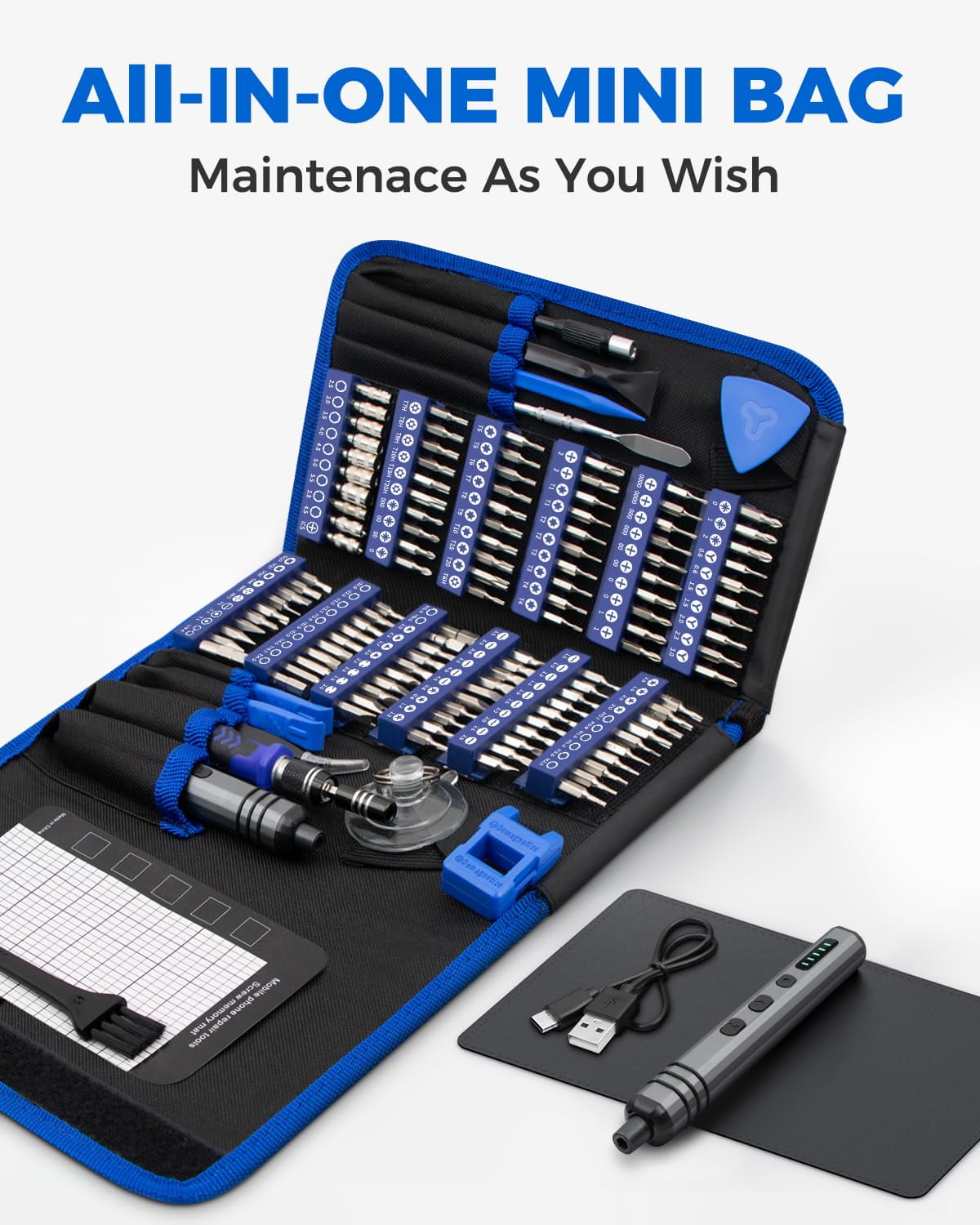 Mini Electric Screwdriver Set 140-in-1:  Small Cordless Electric Screwdriver - 124 Precision Bits, 5 Torque Settings, LED Light, Magnetic Power Screwdriver Repair Tool Kit for PC, RC, and Electronics