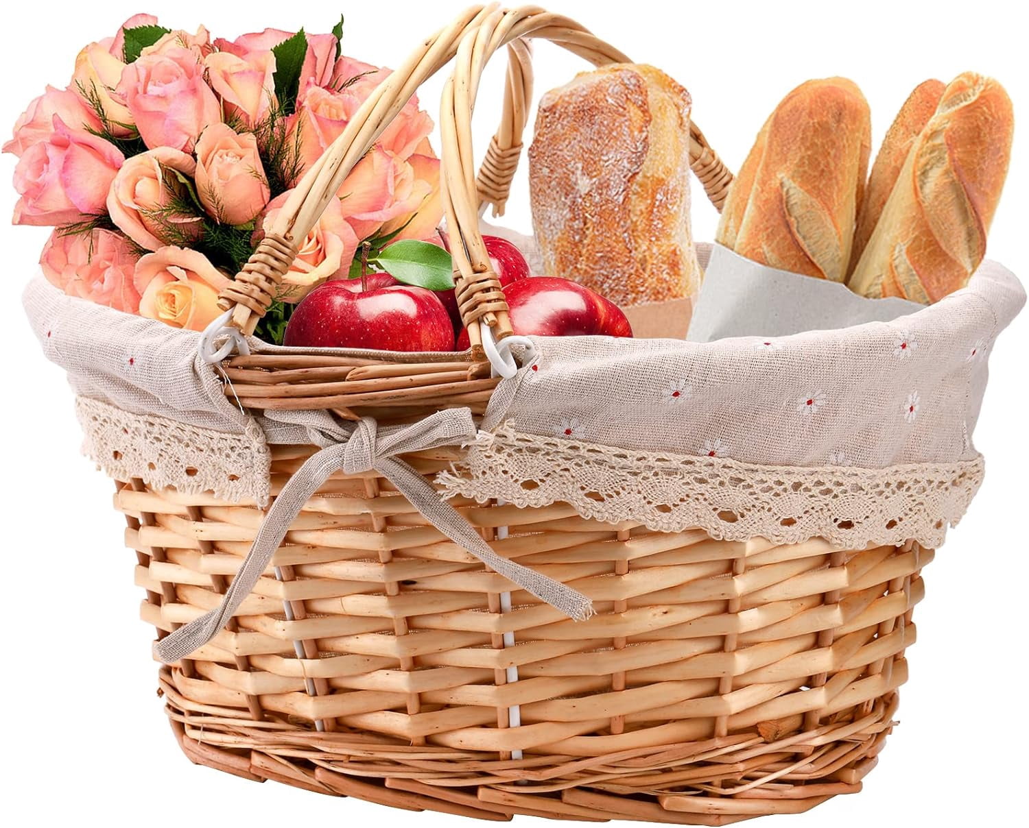Wicker Picnic Basket, Woven Empty Easter Basket for Gifts, Picnic Hamper with Double Folding Handles, Willow Garden Harvest Basket with Linen for Candy, Egg Gathering, Toys, Wedding