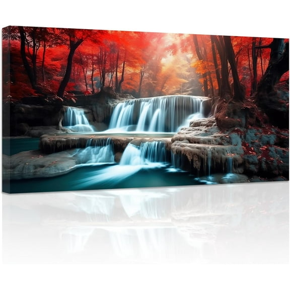 ZHONGYUTONG Waterfall Canvas Wall Art Autumn Forest Painting Red Trees Picture Prints Nature Landscape Wall Decor for Living Room Office Framed (12.00" x 24.00")