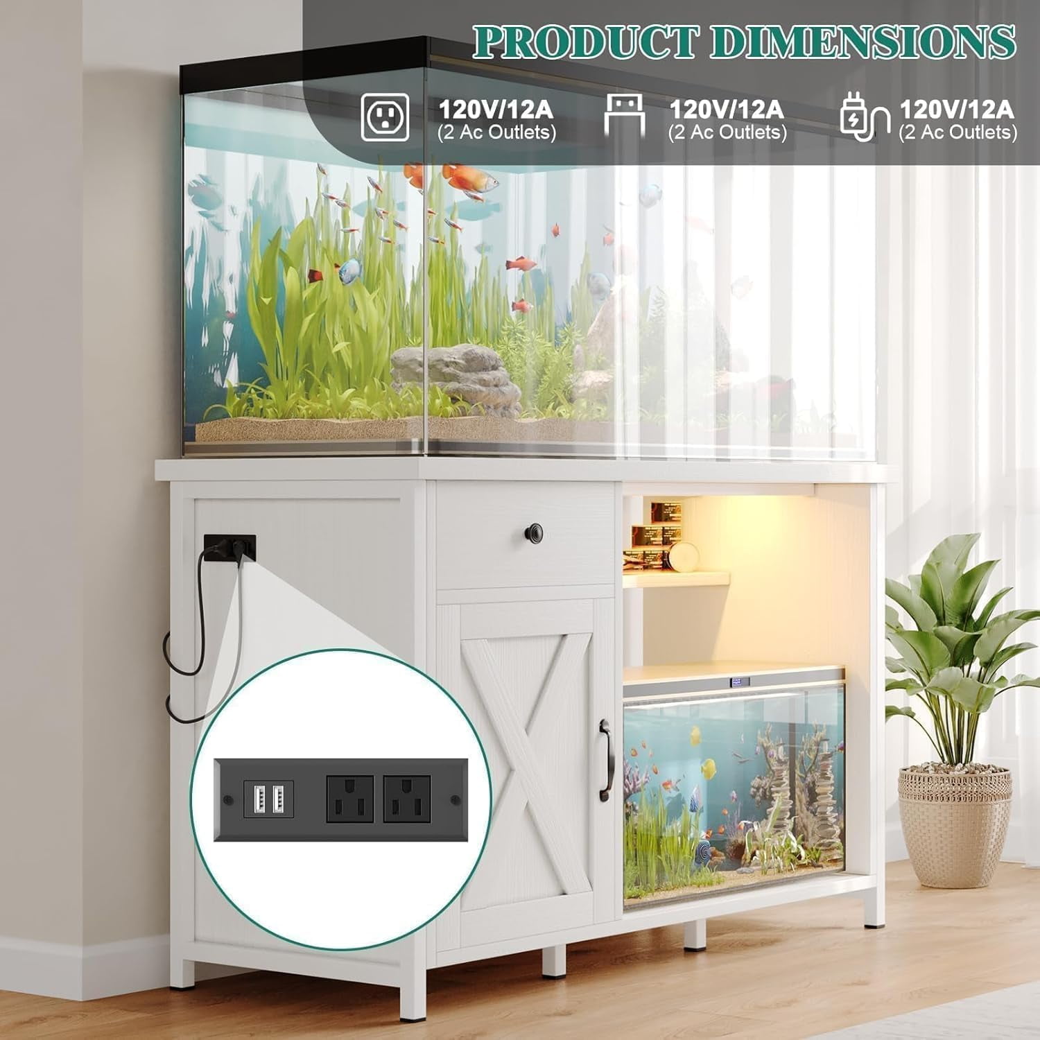 DreamCurship 55-75 Gallon Aquarium Stand with Storage Cabinet & Power Outlets LED Light, Fish Tank Stand with Drawer & Barn Door, Suitable for Fish Tank Stand, Turtle Tank, Reptile Terrarium, White