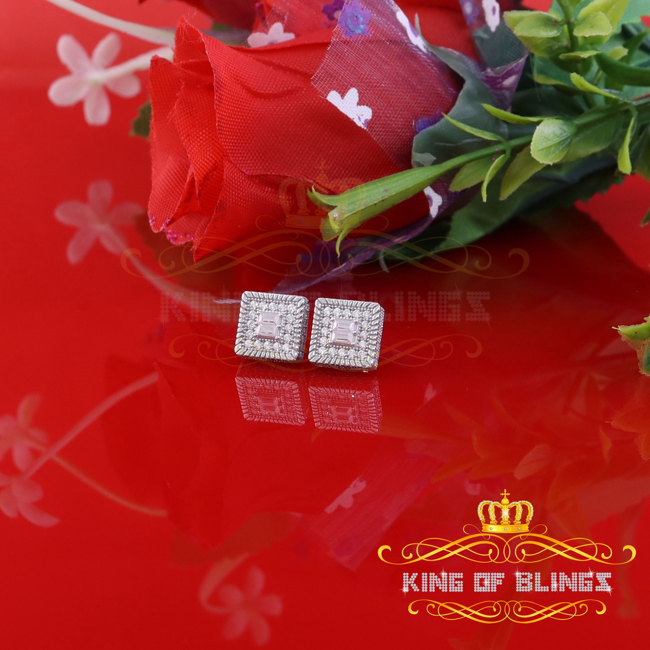 King of Bling's 1.00ct Cubic Zircon 925 Sterling White Silver Women's/Men's Square Stud Earrings