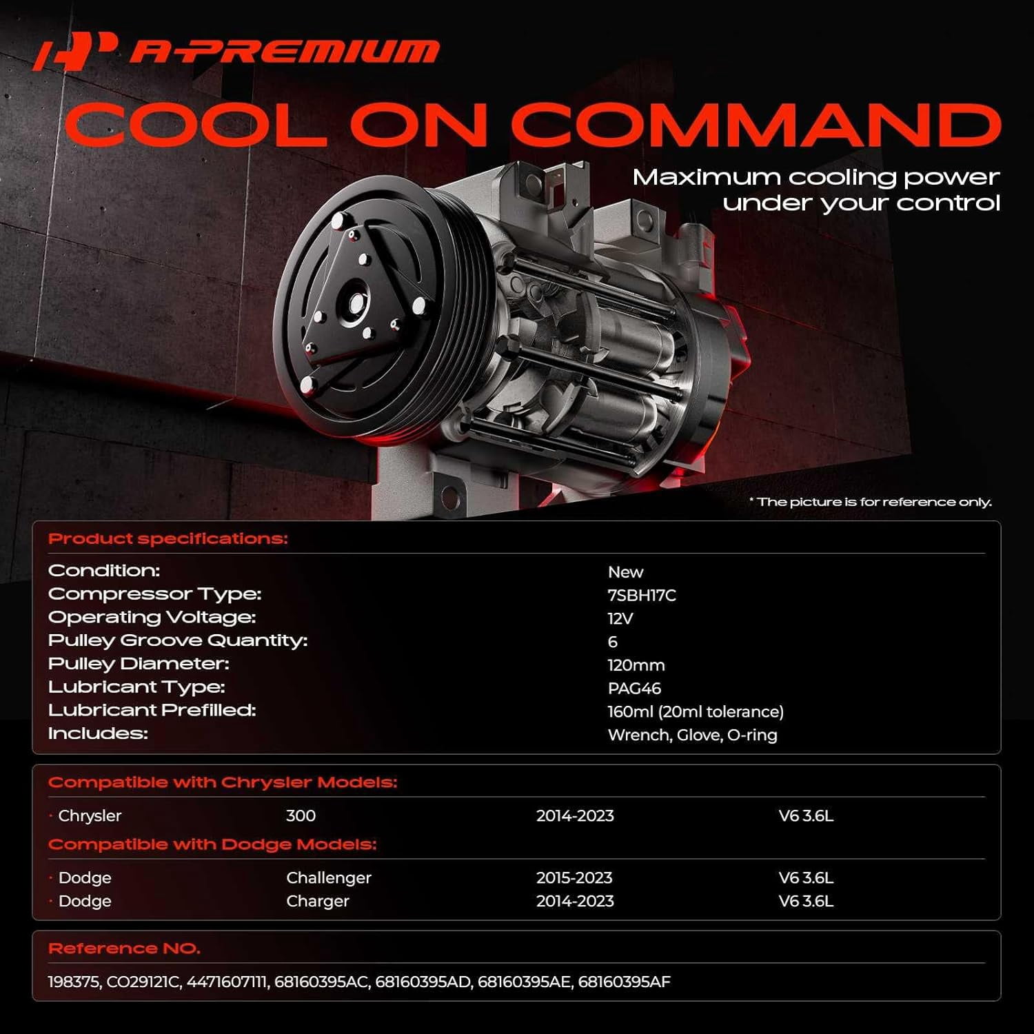 A-Premium Air Conditioner AC Compressor with Clutch Compatible with Chrysler 300 & Dodge Charger 2014-2021, Challenger 2015-2021 3.6L