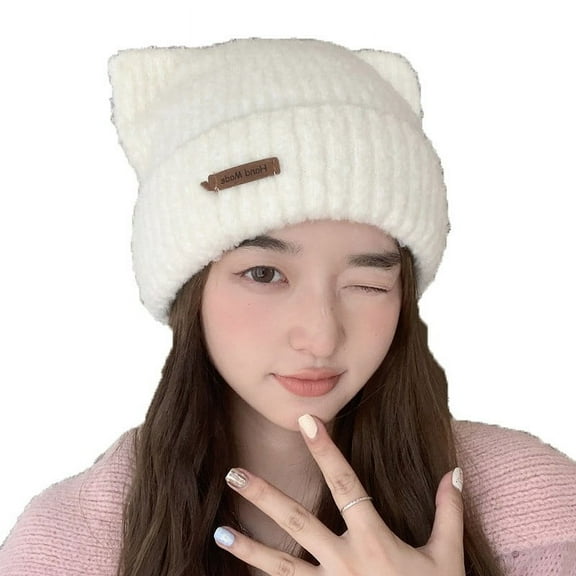 Xfvqtps Womens Cute Cat Ear Beanie Fashion Leather Label Knitting Solid Color Cuffed Stretch Fashion Versatile Soft Warm Winter Skull Cap White