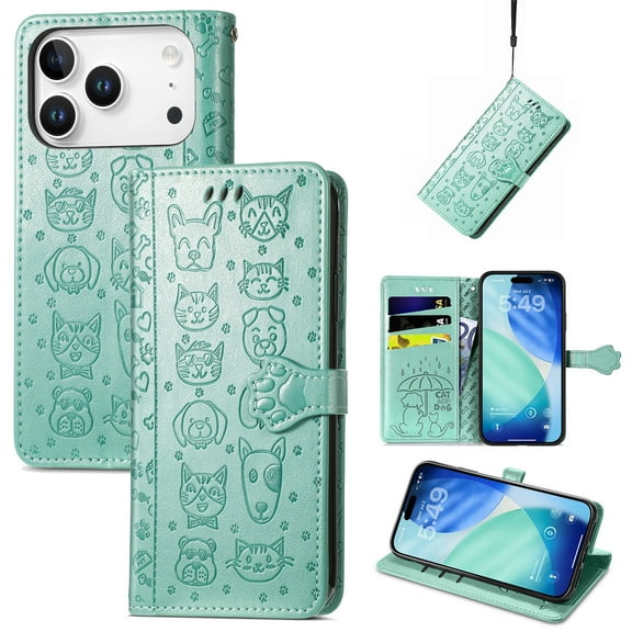 for iPhone 17 Pro Max Cartoon Cute Wallet Case, Cat Dog Style Flip with ID Card Holder Premium PU Leather Cases with Wrist Strap, Magnetic Closure Folio Kickstand Cover, Green