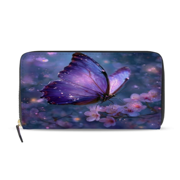 Qxltty Sakura Purple Butterfly Women's Leather Wallet Fashion Retro Multi Card Holder with Cell Phone Pocket Mothers Day Gifts