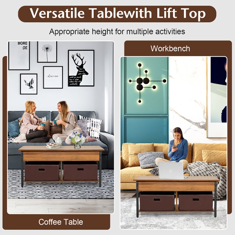 Finihen Rectangular Coffee Table, Lift Top Coffee Table, Central Table with Drawers and Hidden Compartment, for Living Room, Reception Room, Brown