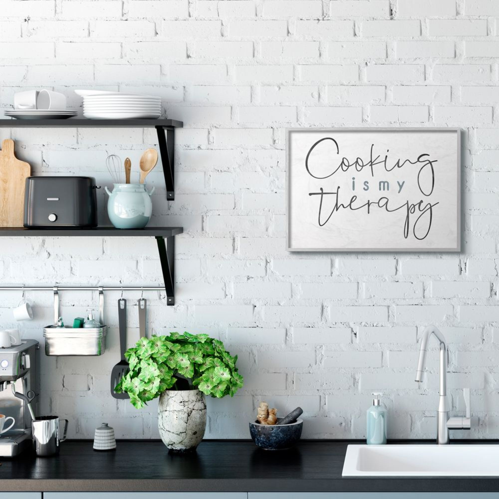 Stupell Industries Cooking Is My Therapy Phrase Blue Black White Graphic Art Gray Framed Art Print Wall Art, 16x20, by Milli Villa