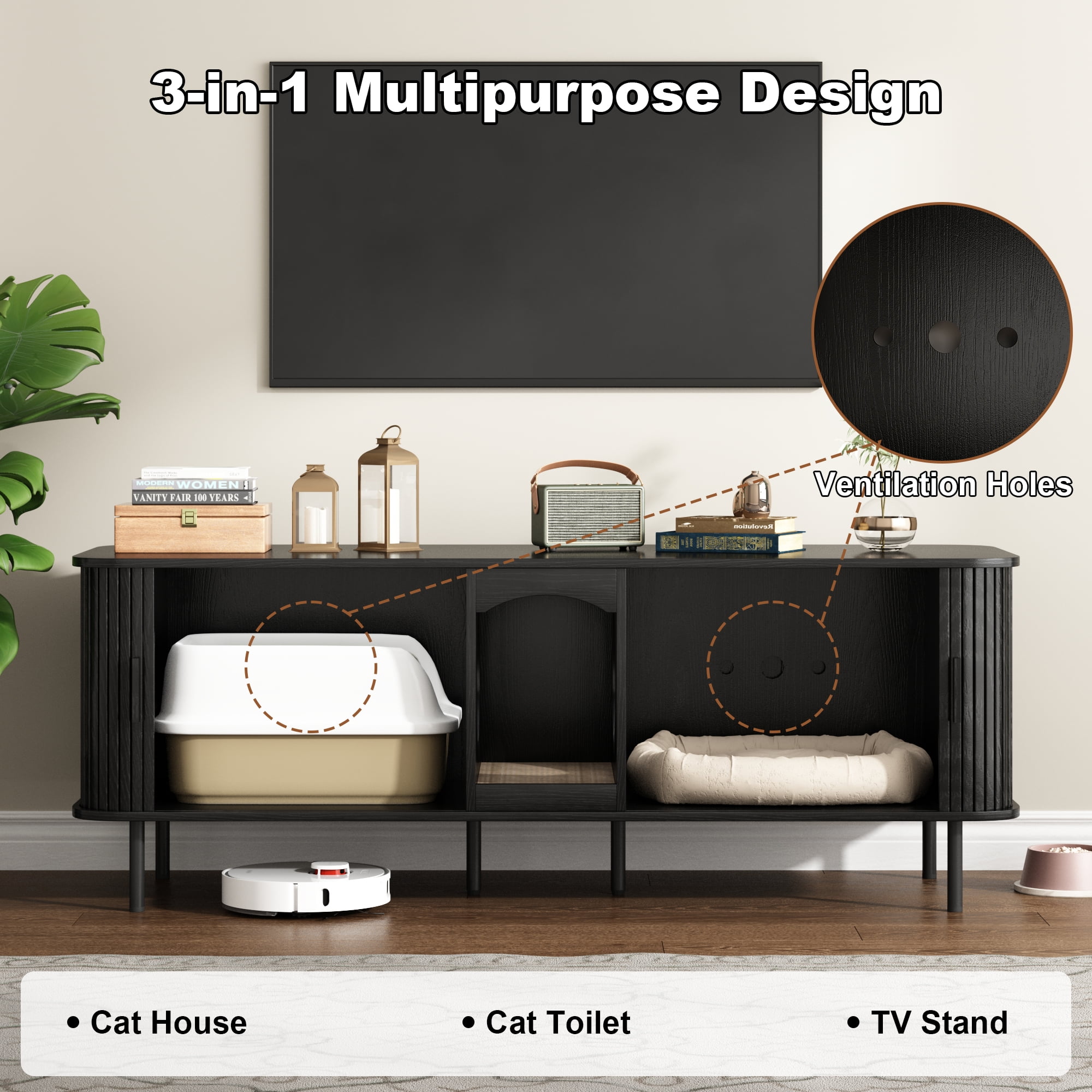 PieDle 59'' Large Cat Litter Box Enclosure with Sliding Tambour Door, Hidden Litter Box Furniture, Wood Cat Litter Box Cabinet with Cat Scratch Pad