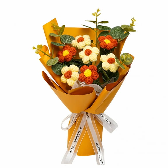 LAMIRO Crochet Flower Bouquet Already Made Knitted Flowers Mother Day Gift Ornament,Woven Bouquet for Anniversary,Thanksgiving Shelf Yellow