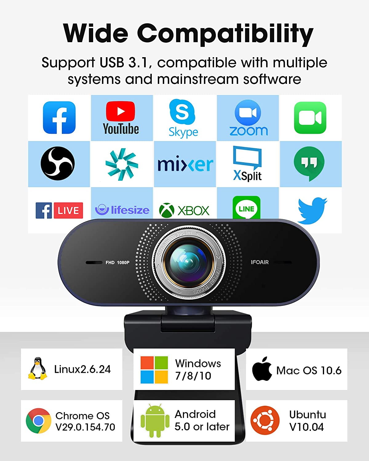 IFOAIR Webcam con luz de anillo ajustable incorporado y Micrófono de reducción de ruido Plug & Play Enfoque automático Cámara web USB 1080P HD para Videollamadas y Grabación 