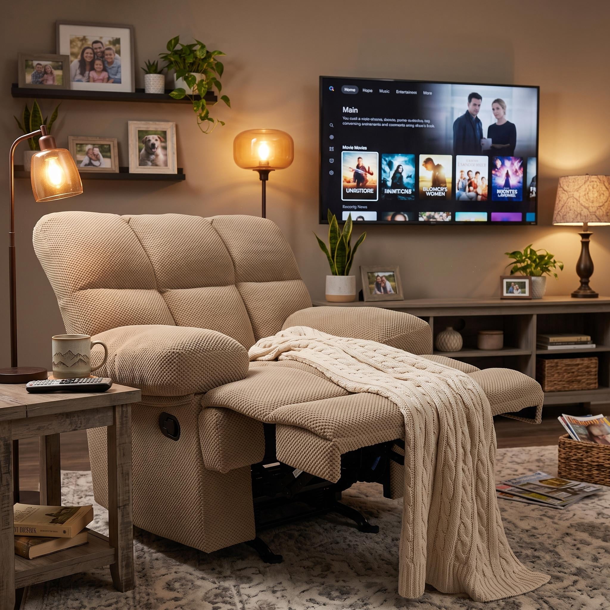 Homy Casa Overstuffed Rocking Recliner, Manual Fabric Chair with Footrest for Living Room, Beige