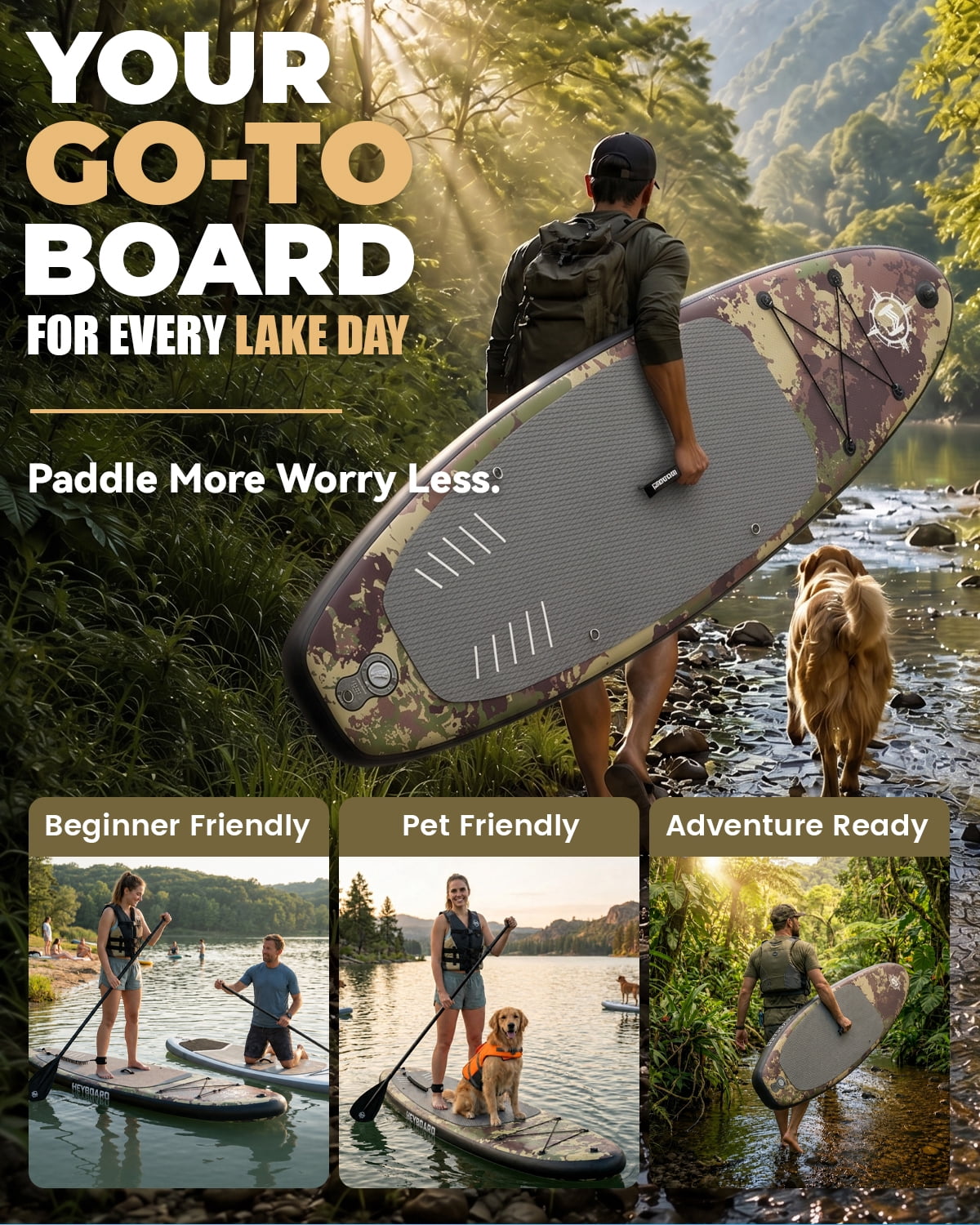 10'6" Inflatable Stand Up Paddle Board for Adults, Non-Slip EVA, Camera Mount, Camouflage