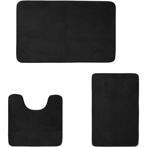 3 Piece Black Bathroom Rug Set, Memory Foam Bathroom Toilet Rug Set with U-Shaped Contour Rug, Machine Washable & Non-Slip Bathroom Rug Set, Include Toilet Lid Cover, 15.7 x 19.7 in / 40 x 50 cm