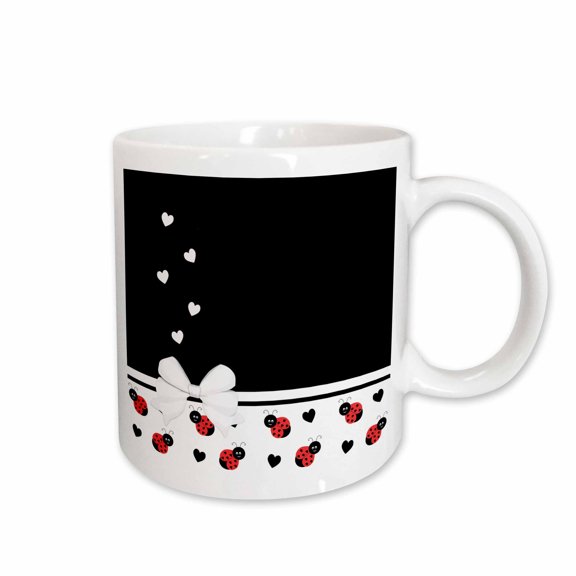 3drose, Cute White Black Ladybugs Floating Hearts White Ribbon, 15oz Mug