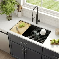 33 in. Single Bowl Granite Composite Undermount Kitchen Sink in Black with Grid and Strainer