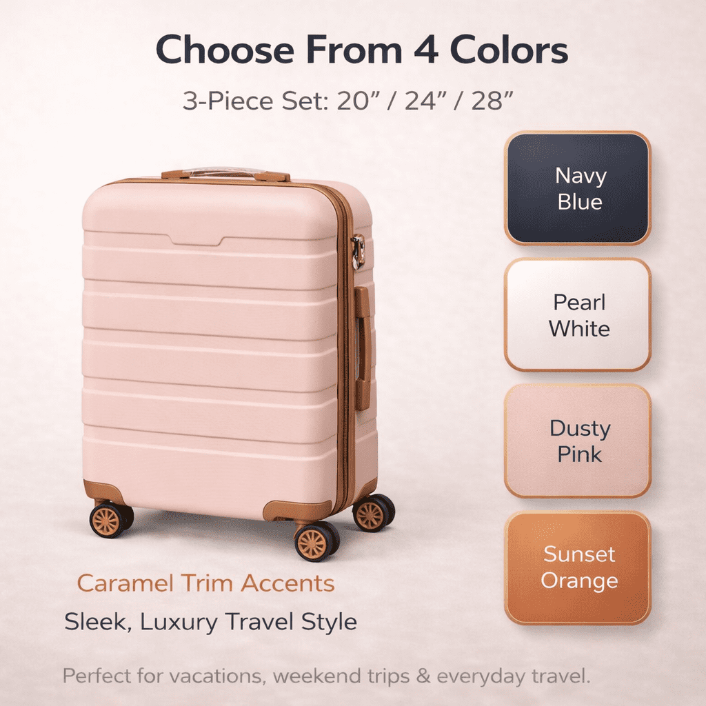 Em Yeraz   3-Piece Adult Luggage Set, Hardshell ABS+PC Suitcases with Spinner Wheels, TSA Lock & Zipper Travel Bags (20”, 24”, and 28”),