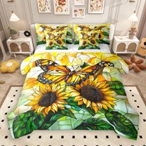 jejeloiu Chic Butterflies 7pcs Bedding Comforter Set,Sunflower Floral Queen Bedding Sets,Green Yellow Queen Sheet Sets For Kids,Luxury Bedroom Decor