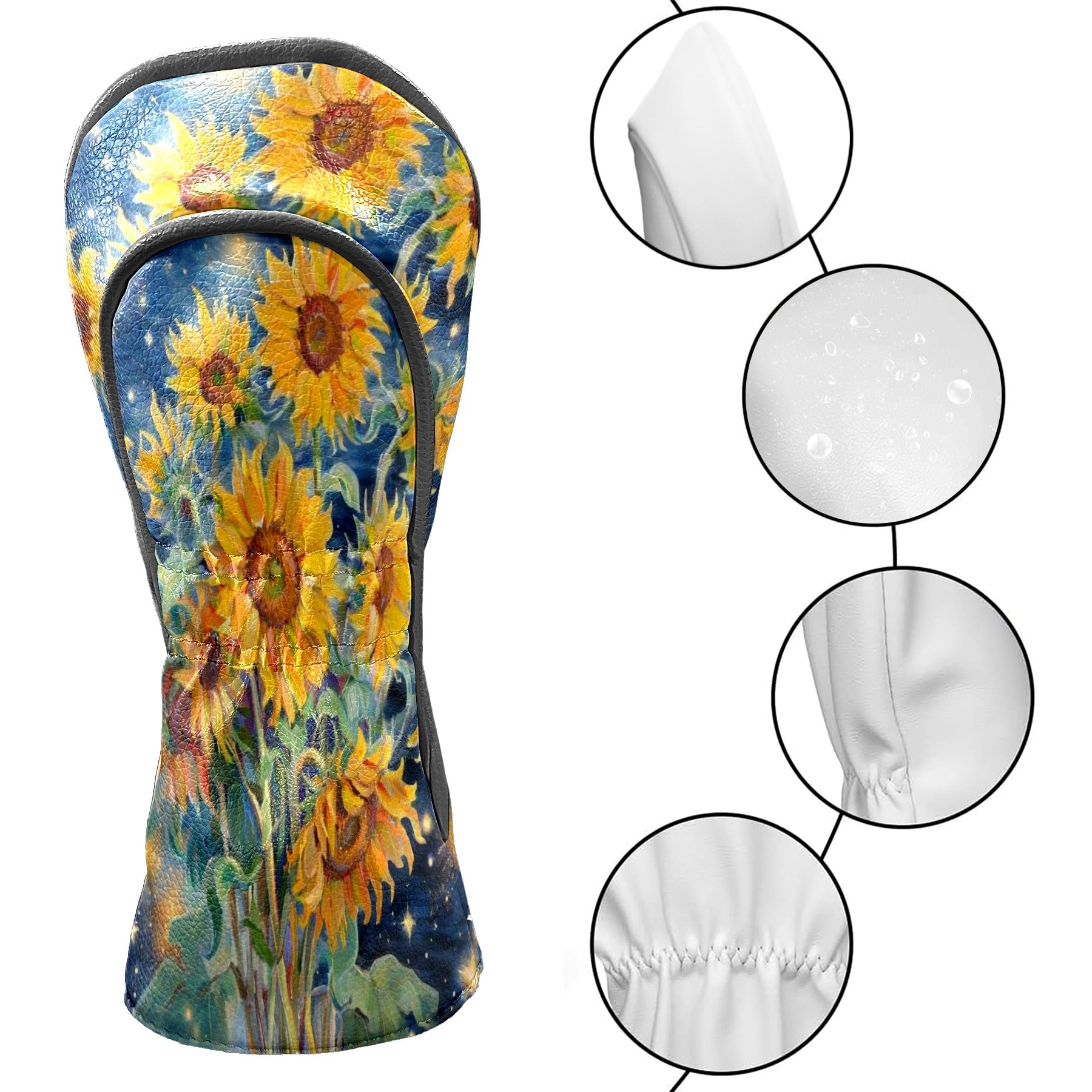 Golf Club Covers, Blue Sunflower Premium PU Leather Driver Hybrid Putter Head Covers with Velvet Lining, Waterproof Golf Gifts for Men Women