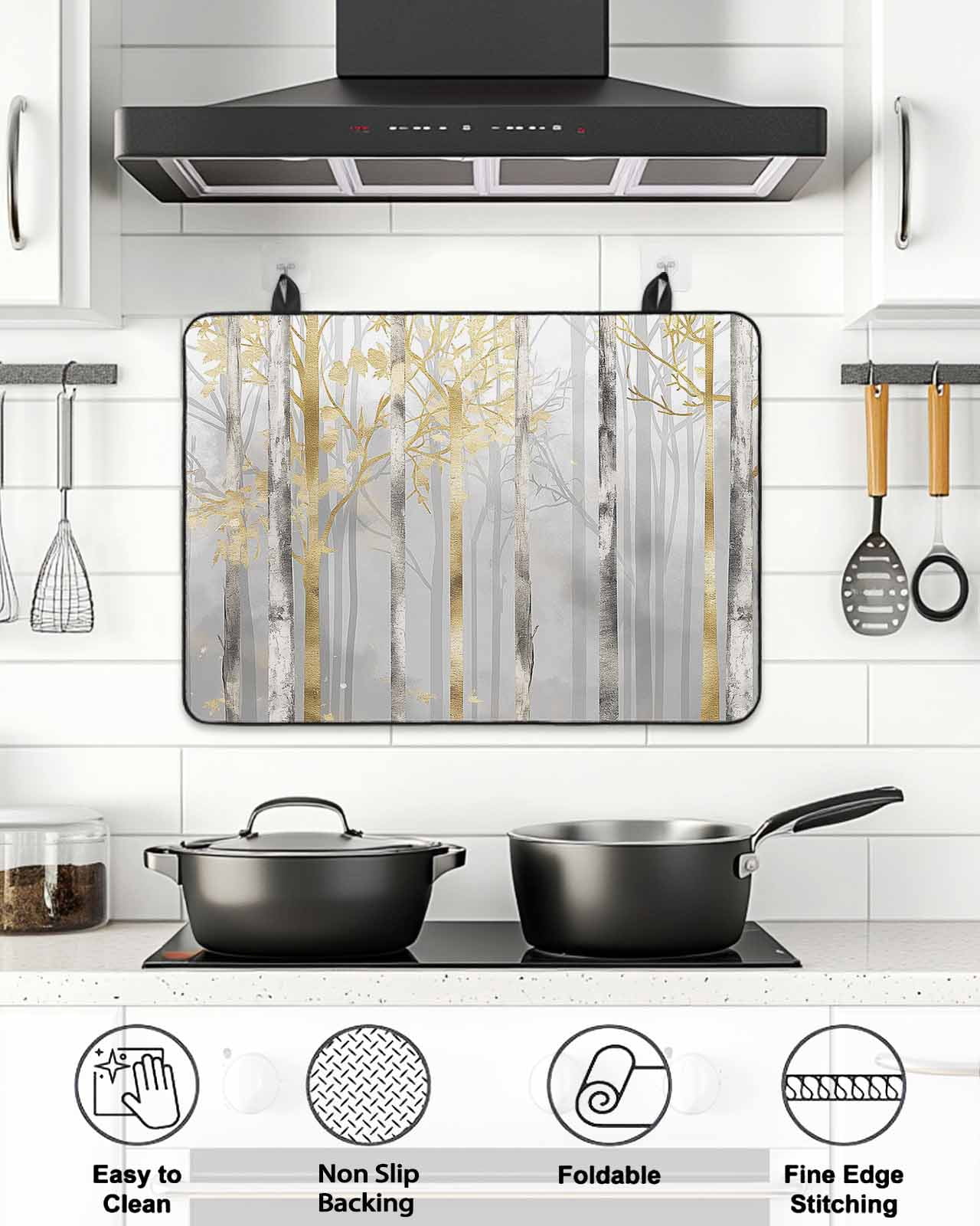 Stove Top Covers for Electric Stove, Golden Grey Tree Glass Stovetop Cover Protector, Oil Painting Forest Abstract Art Induction Cooktop Protector Oven Mat for Kitchen Countertop 24"x21"