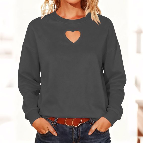 Cowsor Womens Hollow Heart Cutout Crewneck Sweatshirt Thin Lightweight Long Sleeve Loose Fit Solid Casual Spring Summer Pullover Tops