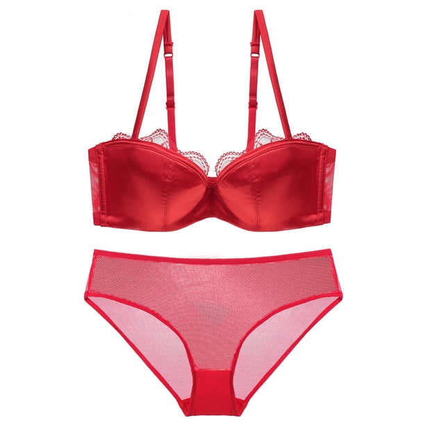 Gibobby Conjuntos de bragas de encaje Conjunto de Lencería de Malla, Conjunto de Lencería Elegante para Dama para Noche de Bodas(Rojo, 75A)