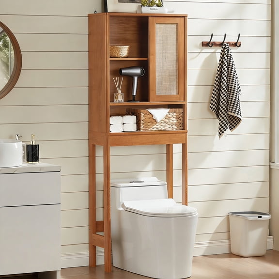 LELELINKY Over The Toilet Storage Cabinet with Rattan Sliding Door, 68" Tall Wood Bathroom Organizer with Adjustable Shelf for Small Spaces, Tea Color