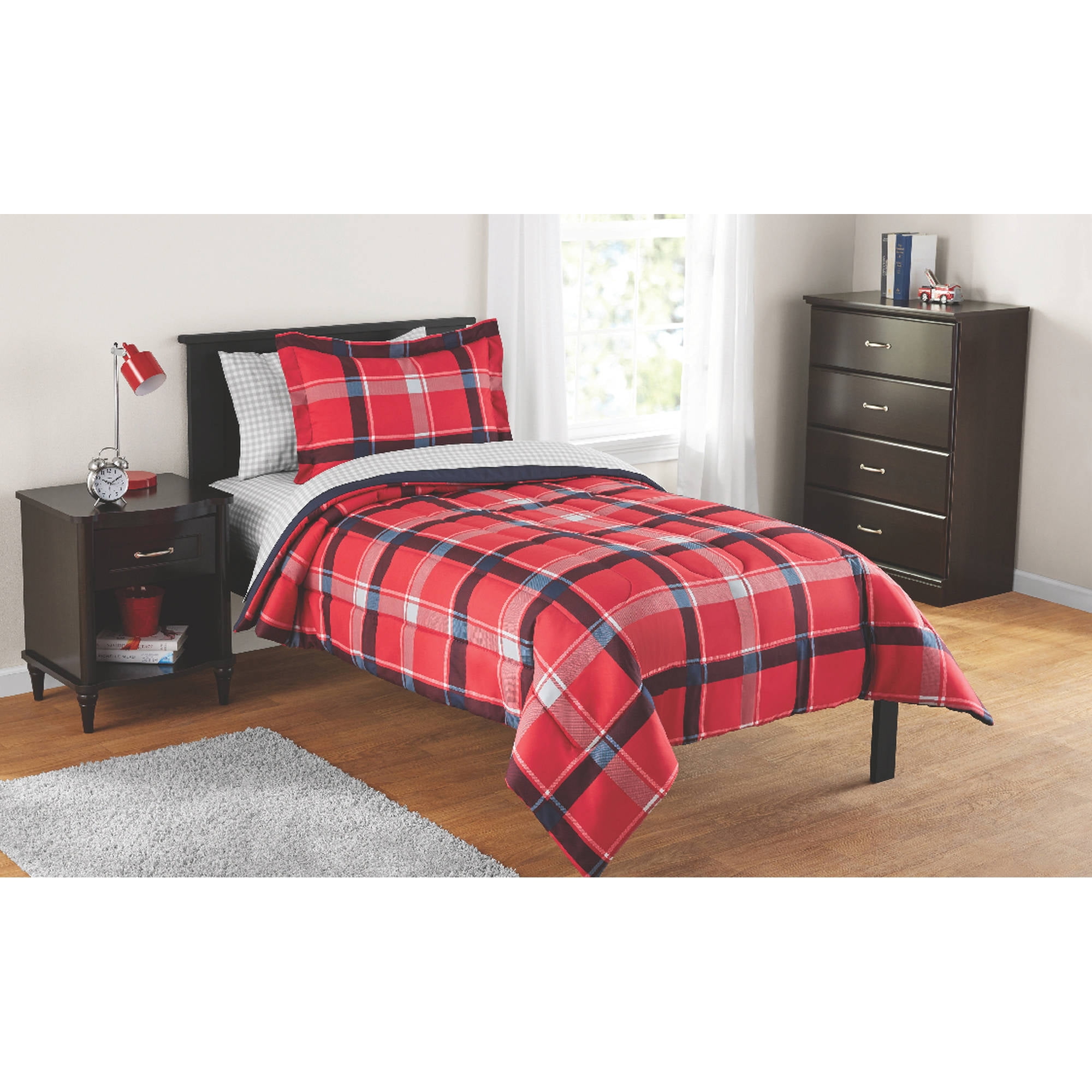 image: Mainstays Kids Red Plaid Bed in a Bag Complete Bedding Set