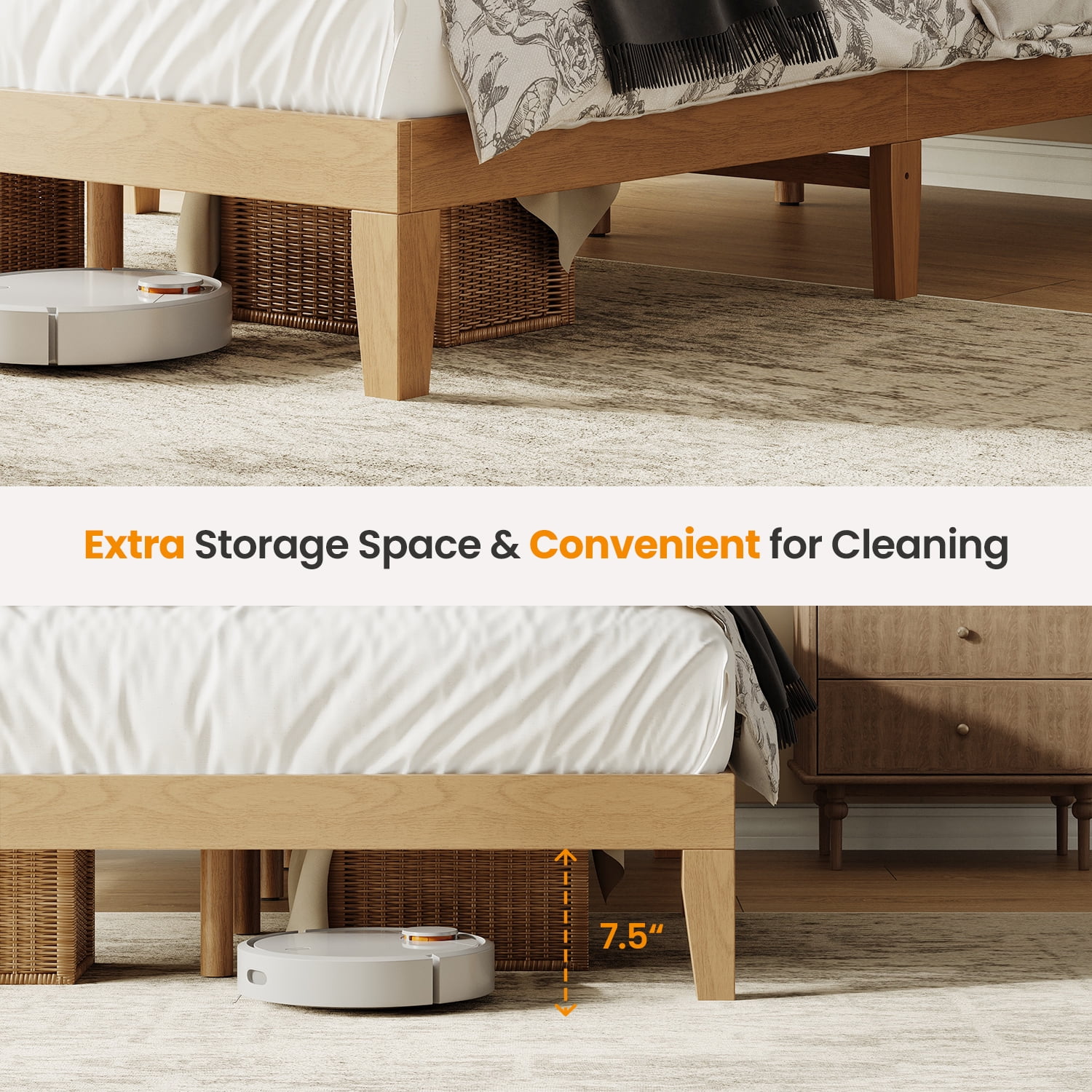 EOP Full Size Bed Frame, Solid Wood Bed Frame with Under Bed Storage, Platform Bed Frame with Wooden Slats, No Box Spring Required, Pine