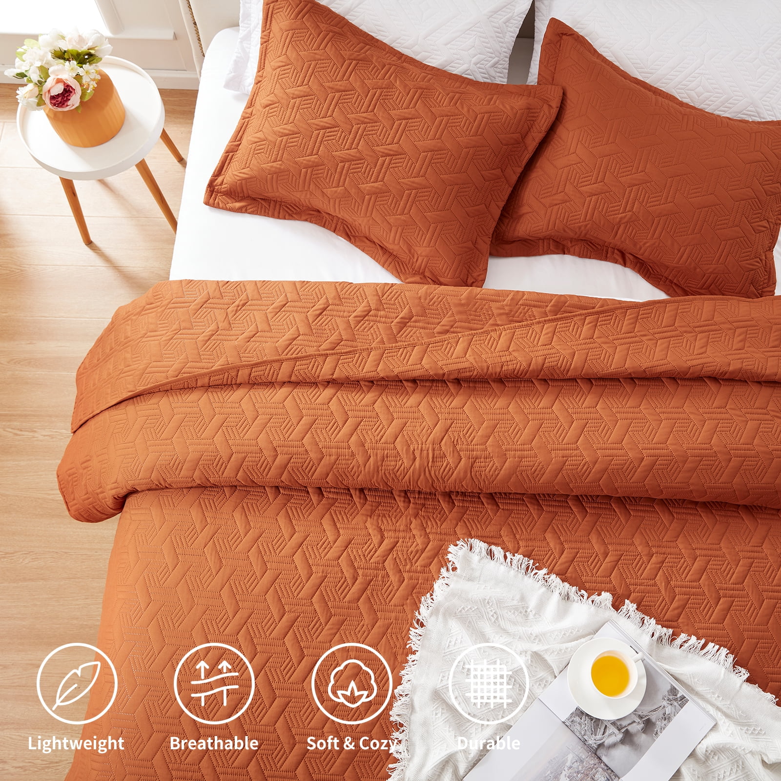 Full/Queen Quilt Set 3 Pieces, Lightweight Burnt Orange/Rust Bedspread-90''x98'', Soft Microfiber Summer Quilt, Luxurious Warm Coverlet Set for All Seasons (Includes 1 Quilt, 2 Shams)