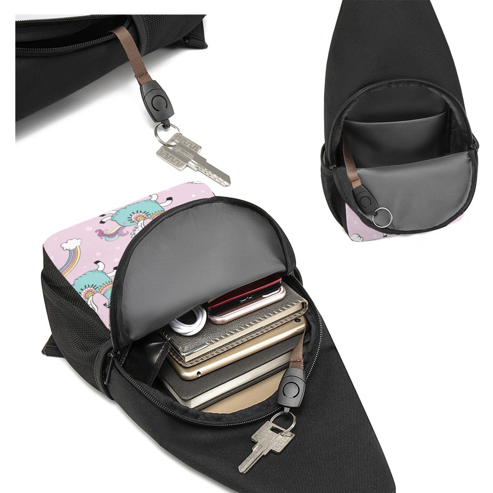 Xecao's Llama Unicorn and Rainbow Print Sling Bag: A Versatile Chest, Shoulder, and Crossbody Backpack for Casual Days Out, Perfect for Both Men and Women
