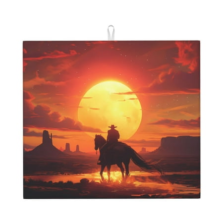 

Dish Drying Mats for Kitchen Counter - Western Cowboy Sunset 16x18In Anti-Slip Absorbent Microfiber Drying Mat for Kitchen Counter Mat Dish Rack Mat with Hanging Loop