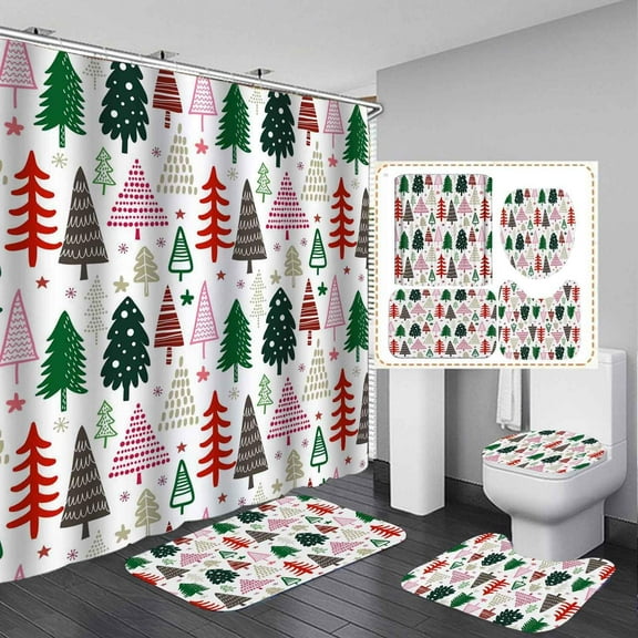 4PCS Gnomes Christmas Shower Curtain Set, Waterproof Fabric Shower Curtain, Non-Slip Bath Mat Bathroom Rugs, Christmas Tree Silver Red Ball Xmas Gifts Winter Holiday New Year Bathroom Decor