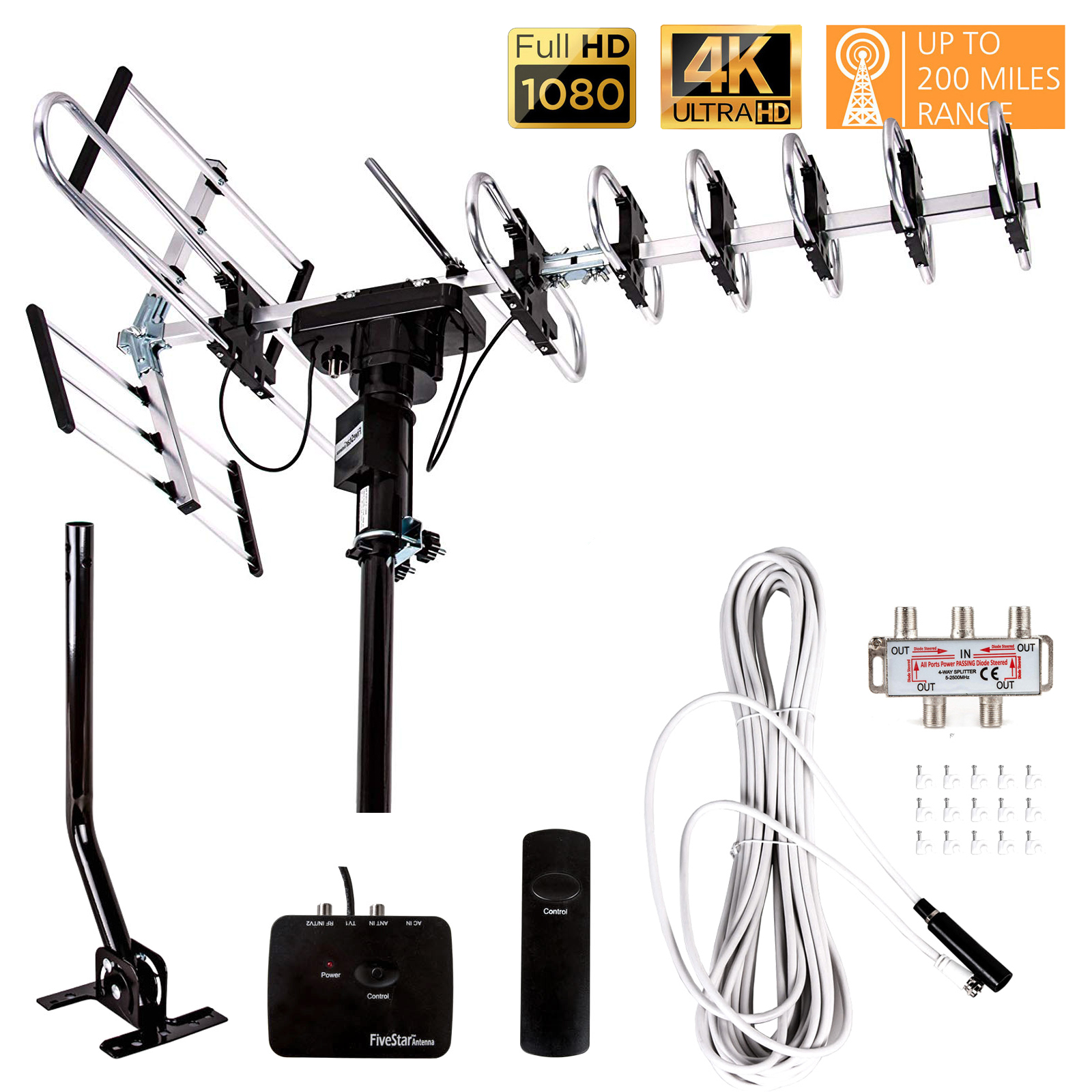 200 Mile Outdoor Tv Antenna Motorized Amplified Hdtv High Gain 36db Uhf Vhf Fm Radio With Installation Kit And Pole Mounting Kit Walmart Com