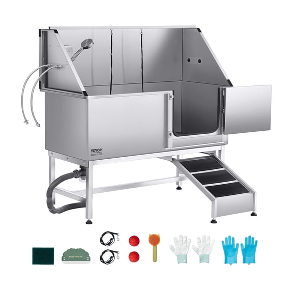 VEVOR 62" Stainless Steel Dog Wash Station w/Ramp, PE Board, Faucet & Shower - Pet Grooming Tub (Right Door)