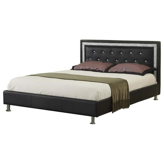 Pemberly Row Faux Leather Queen Platform Bed with Crystal Tufted Buttons - Black