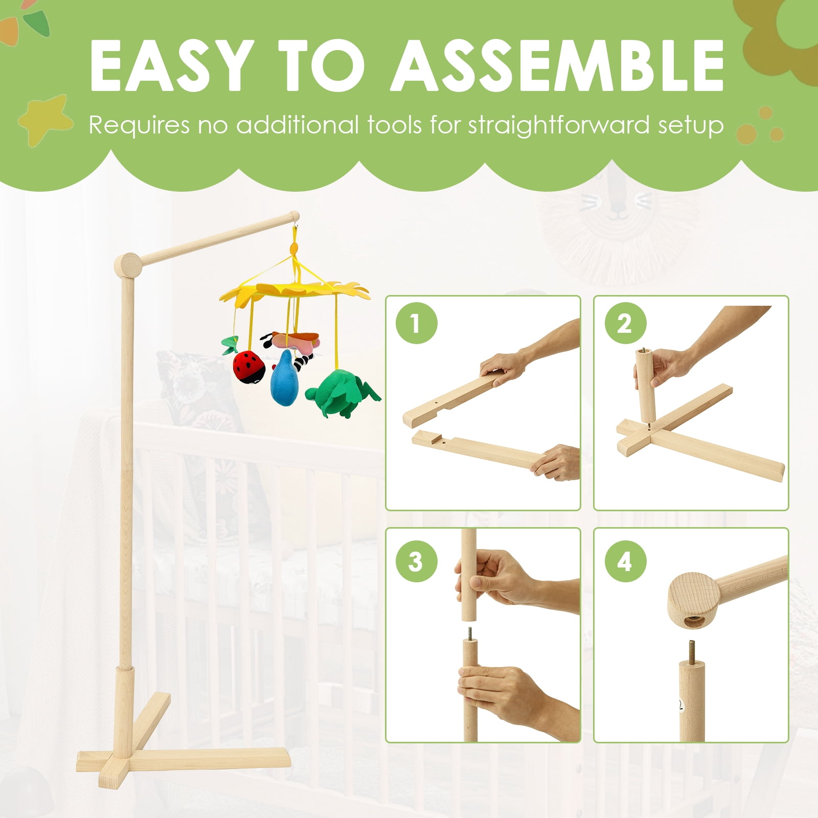 Wood Floor Standing Crib Mobile Arm Movable Baby Mobile Holder 55.51in Height Nursery Decor for Hanging Bed Bell Baby Bed Toys