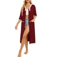 thumbnail image 3 of Defitshape Women's Short Sleeve Long Robe Solid Summer Full Zipper Bathrobe Knee Length V Neck House Coat Comfy Soft Midi Zip Up Nursing Maternity Duster Robe w/ Pockets Red 14, 3 of 4