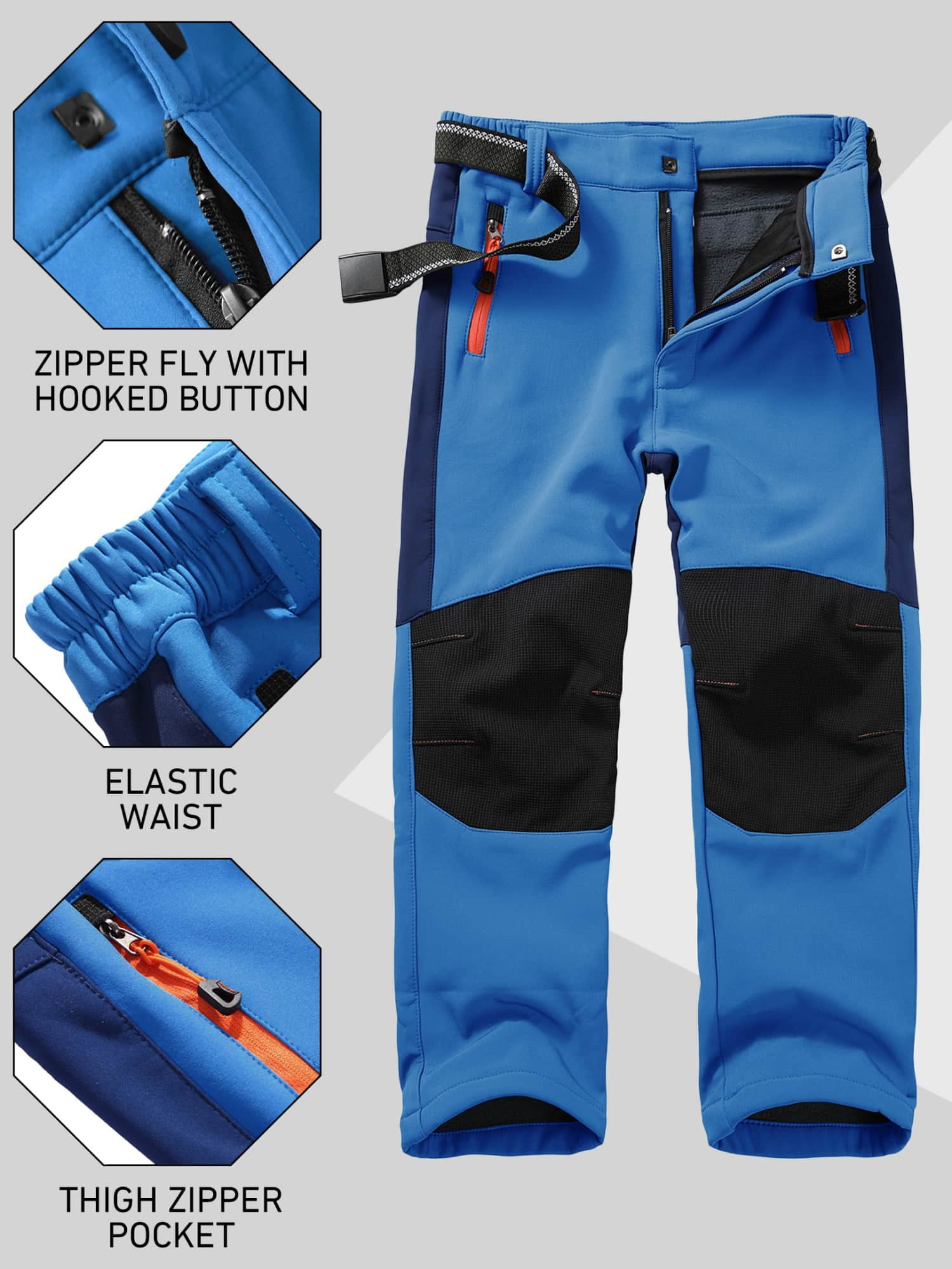 FEN AI Boy's Kids Youth Ski Snow Pants Windproof Waterproof Hiking Pant Expandable Waist Soft Shell Winter Warm Insulated Trousers Blue Size 8-9