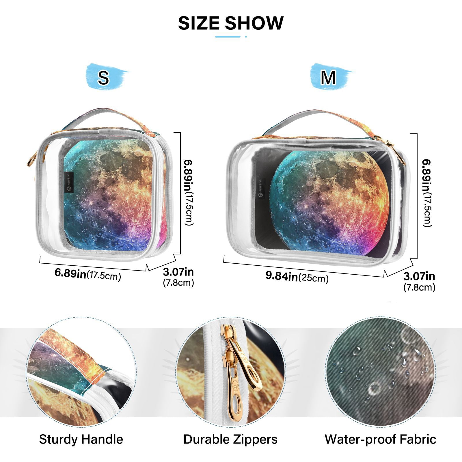 Clear Makeup Bags with Handle Large Opening 2 Pack Set Toiletry Bag Quart Size Bag, for Women Man Traveling Travel Essentials, Toiletries and Other. Colorful Moon