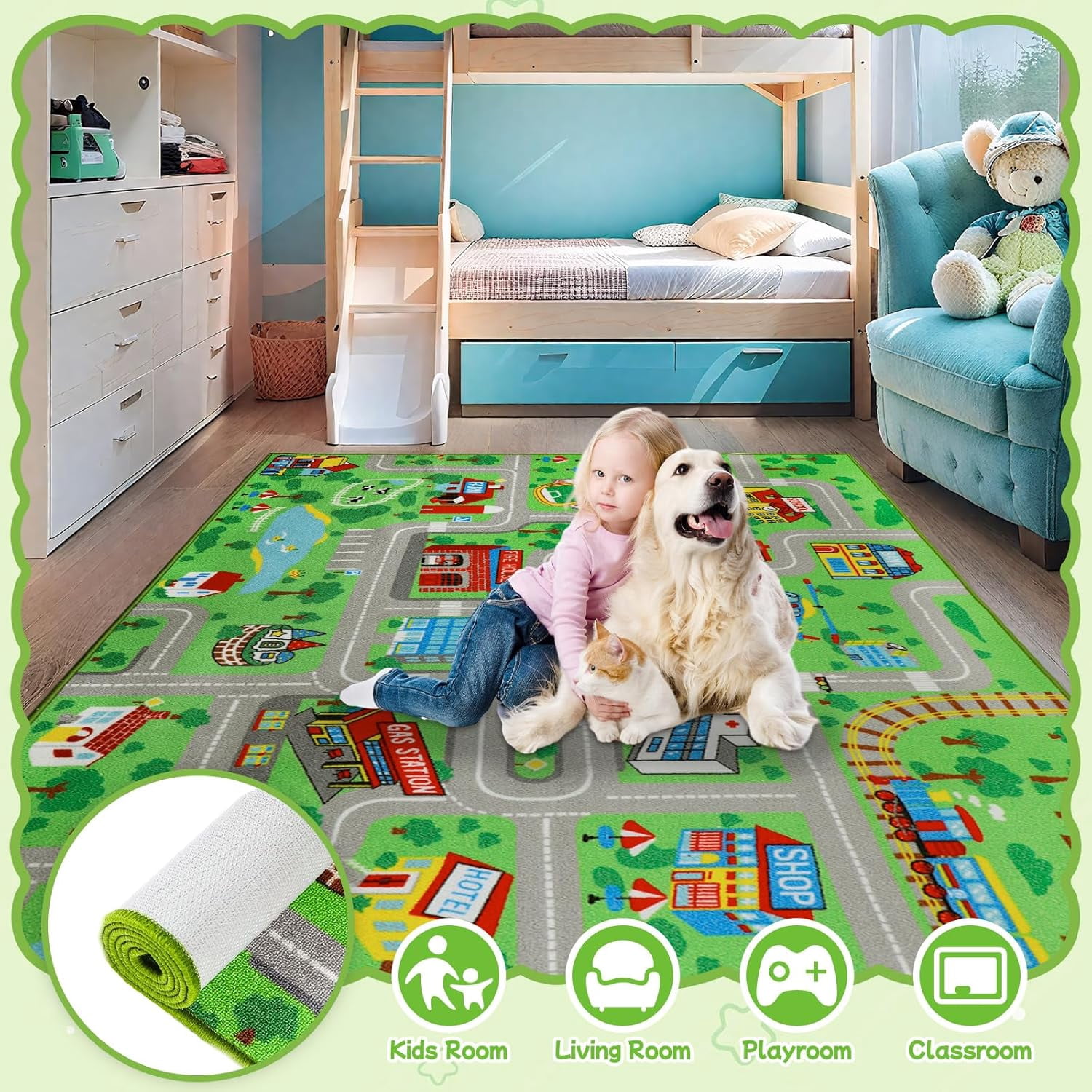 ORGOWEL Kids Carpet Playmat Rug 59"x78.7" Traffic Road Kid Play Car Mat Non-Slip Children Educational Game Car Mat Area Rug for Playroom Bedroom,Large Town City Road Map Car Mat for Baby,Green