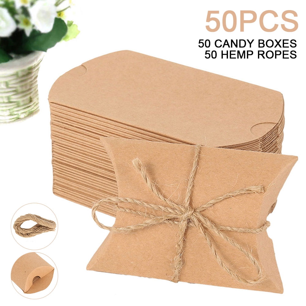50Pcs DIY Kraft Paper Pillow Sweet Candy Box Wedding Party Favor Xmas Gifts Bags 