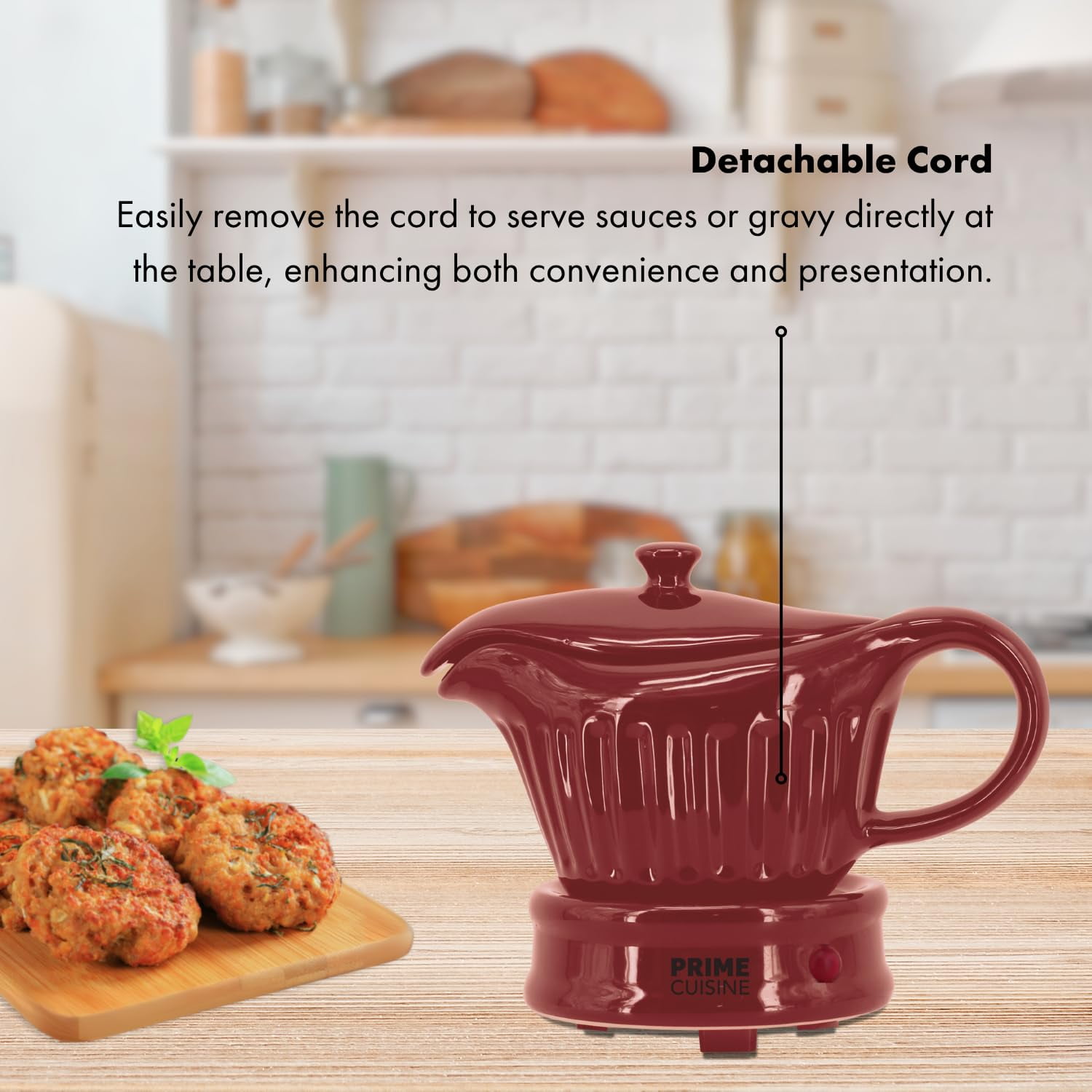 Prime Cuisine 17oz Electric Gravy Boat Warmer, Ceramic Gravy Boat with Detachable Cord and Lid
