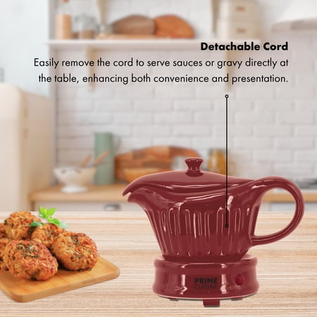 Prime Cuisine 17oz Electric Gravy Boat Warmer, Ceramic Gravy Boat with Detachable Cord and Lid