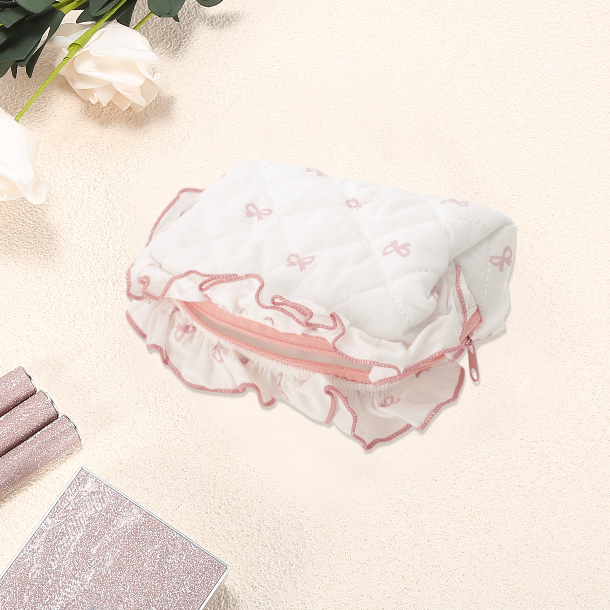 Unique Bargains 1 Pc Lace Bow Ruffles Makeup Bag for Everyday Use 3.94 in  Pink